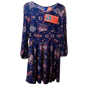 NWT Tracy Negoshian Women's Sz XS Cara Dress Navy & Red Colorful Art Abstract